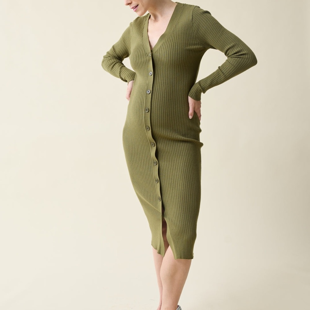 Green Ribbed Button-Down Maxi Dress